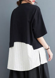 Fashion Black Striped Patchwork Fake Two Pieces Top Short Sleeve