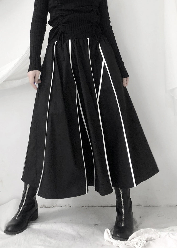 Fashion Black Striped Patchwork Pockets Elastic Waist Skirt Fall