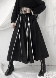 Fashion Black Striped Patchwork Pockets Elastic Waist Skirt Fall