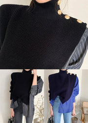 Fashion Black Striped Turtleneck Asymmetrical Knit Patchwork Button Shirt Spring