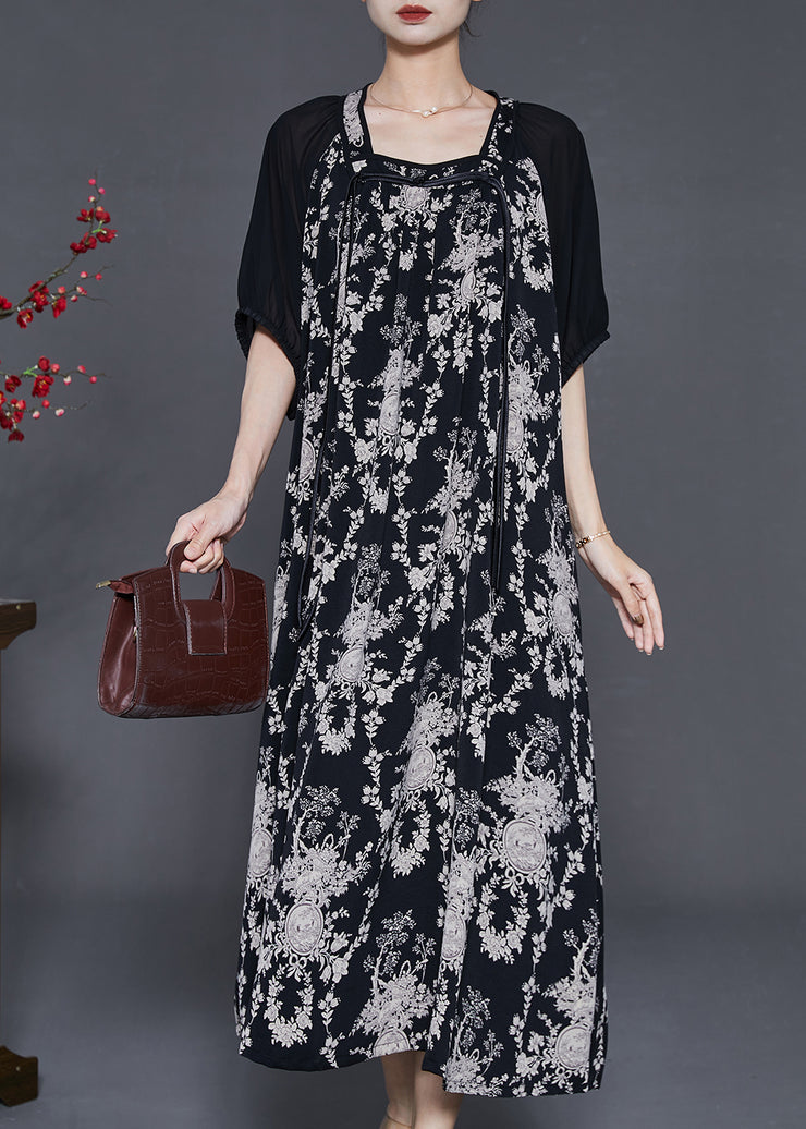 Fashion Black Tasseled Print Chiffon Holiday Dress Summer