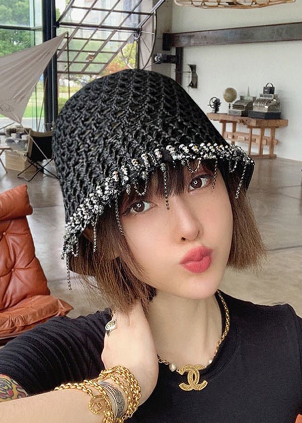 Fashion Black Tasseled Woven Bucket Hat