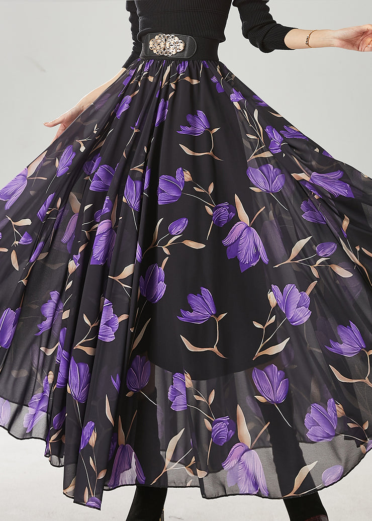 Fashion Black Tulip Print Exra Large Hem Chiffon Skirt Spring