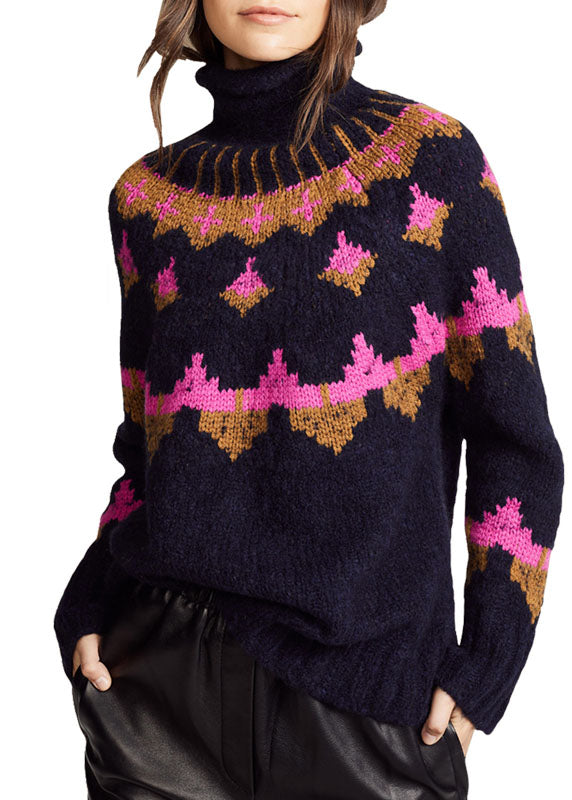 Fashion Black Turtle Neck Print Wool Knit Sweater Tops Winter