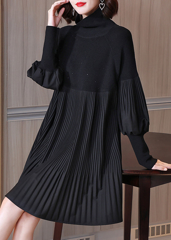 Fashion Black Turtleneck Patchwork Wrinkled Knit Dress Lantern Sleeve