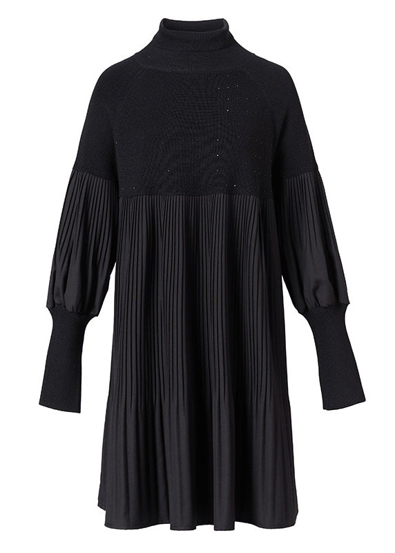 Fashion Black Turtleneck Patchwork Wrinkled Knit Dress Lantern Sleeve