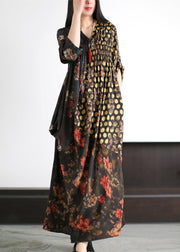 Fashion Black V Neck Asymmetrical Print Wrinkled Silk Maxi Dress Summer