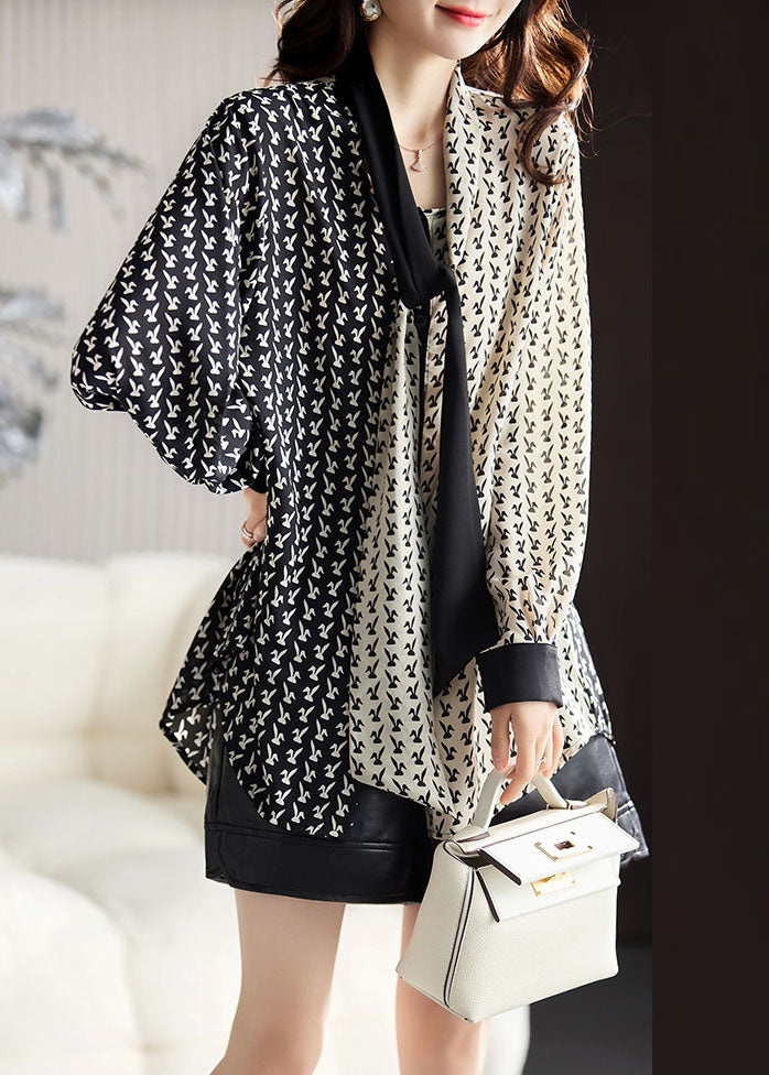 Fashion Black V Neck Contrast Color Print Chiffon Shirt Fall