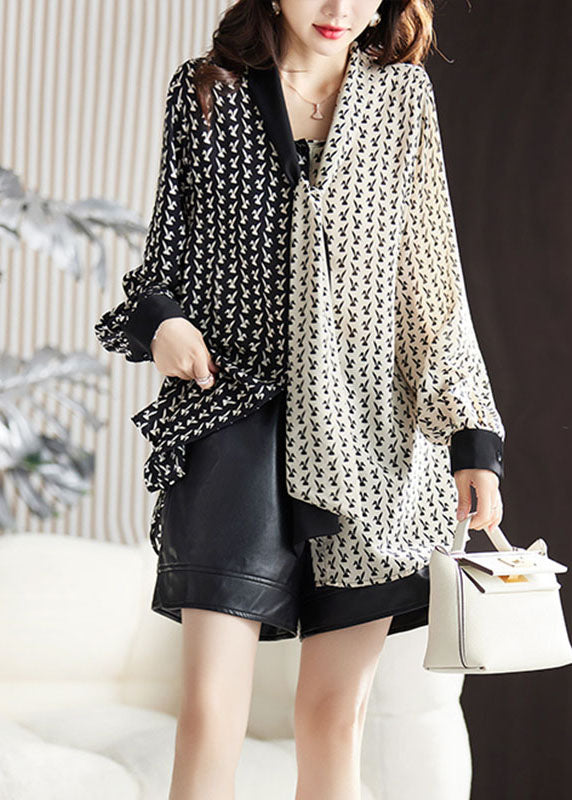 Fashion Black V Neck Contrast Color Print Chiffon Shirt Fall