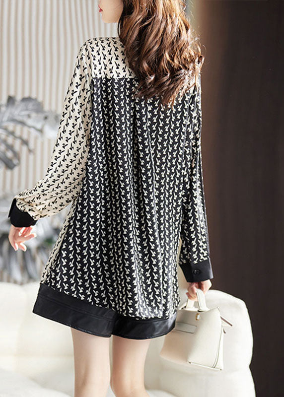 Fashion Black V Neck Contrast Color Print Chiffon Shirt Fall