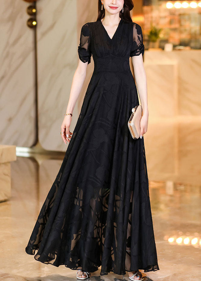 Fashion Black V Neck High Waist Tulle Patchwork Chiffon Long Dress Summer