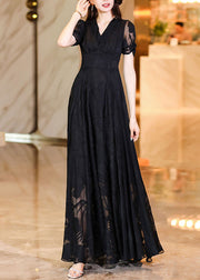 Fashion Black V Neck High Waist Tulle Patchwork Chiffon Long Dress Summer