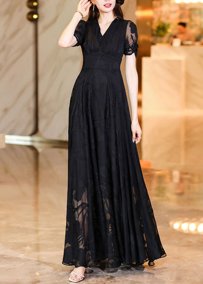 Fashion Black V Neck High Waist Tulle Patchwork Chiffon Long Dress Summer