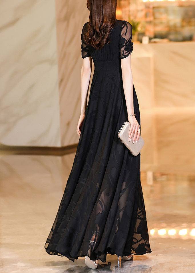 Fashion Black V Neck High Waist Tulle Patchwork Chiffon Long Dress Summer