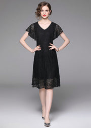 Fashion Black V Neck Hollow Out Patchwork Lace Mid Dress Butterfly Sleeve