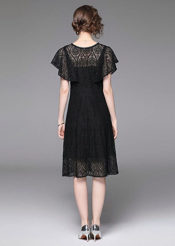 Fashion Black V Neck Hollow Out Patchwork Lace Mid Dress Butterfly Sleeve