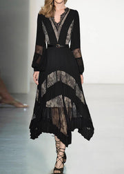 Fashion Black V Neck Lace Patchwork Floral Maxi Dresses Puff Sleeve