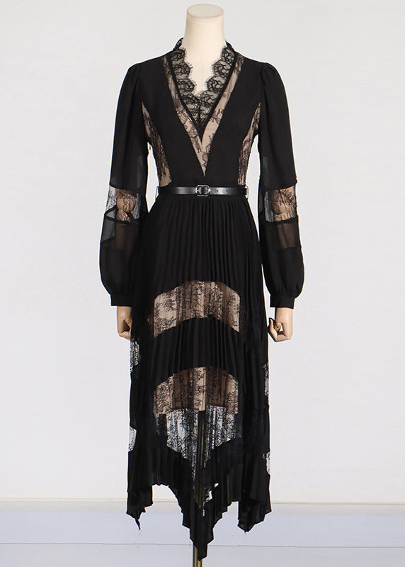 Fashion Black V Neck Lace Patchwork Floral Maxi Dresses Puff Sleeve