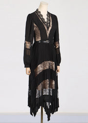 Fashion Black V Neck Lace Patchwork Floral Maxi Dresses Puff Sleeve