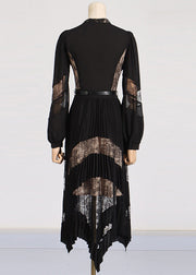 Fashion Black V Neck Lace Patchwork Floral Maxi Dresses Puff Sleeve