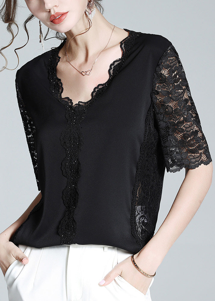 Fashion Black V Neck Lace Patchwork Solid Top Short Sleeve