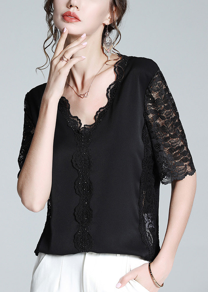 Fashion Black V Neck Lace Patchwork Solid Top Short Sleeve