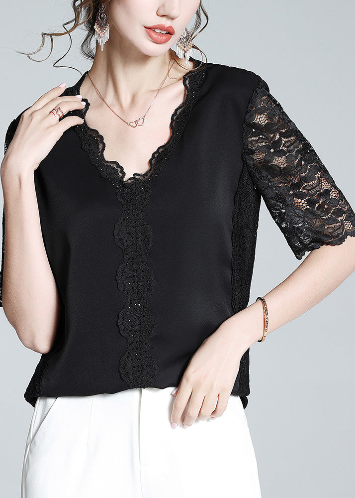 Fashion Black V Neck Lace Patchwork Solid Top Short Sleeve