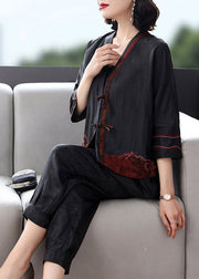 Fashion Black V Neck Patchwork Button Cardigans And Crop Pants Silk Two Pieces Set Long Sleeve