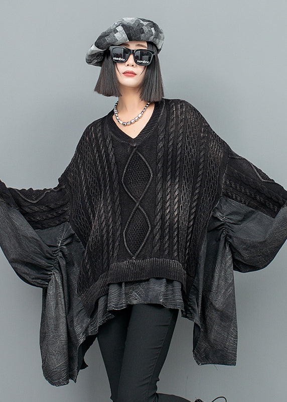 Fashion Black V Neck Patchwork Knit Sweater Batwing Sleeve