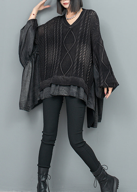 Fashion Black V Neck Patchwork Knit Sweater Batwing Sleeve