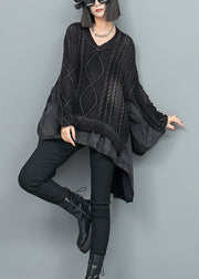 Fashion Black V Neck Patchwork Knit Sweater Batwing Sleeve