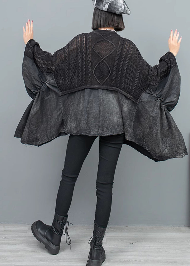 Fashion Black V Neck Patchwork Knit Sweater Batwing Sleeve