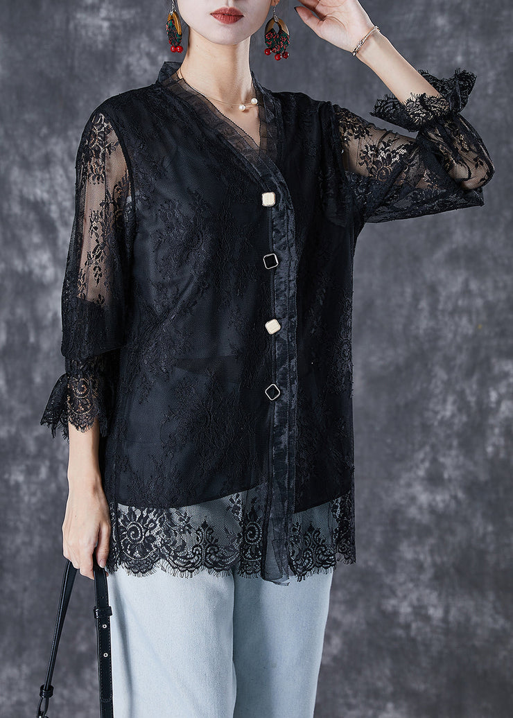 Fashion Black V Neck Patchwork Lace Shirt Fall