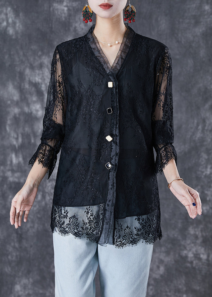 Fashion Black V Neck Patchwork Lace Shirt Fall