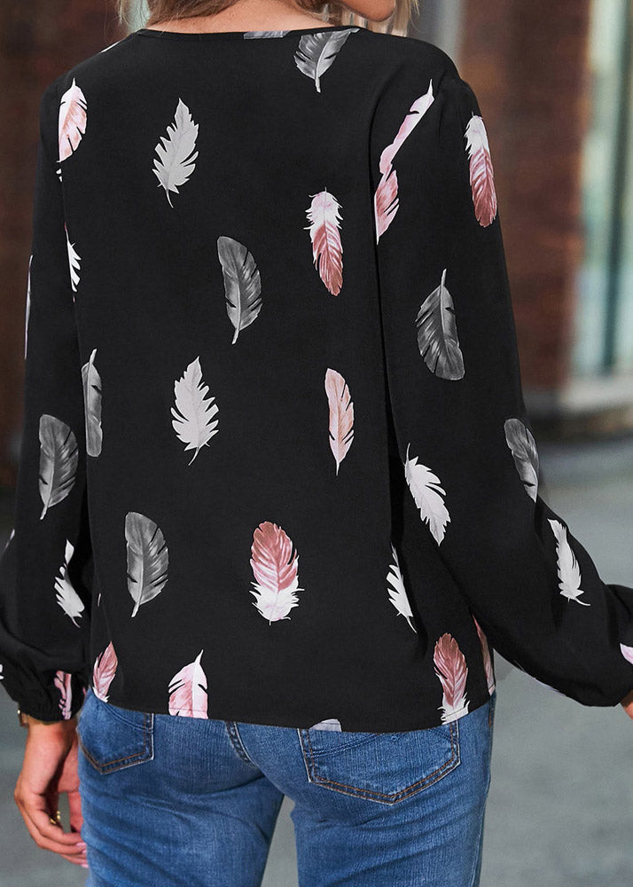 Fashion Black V Neck Print Shirt Long Sleeve