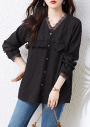 Fashion Black V Neck Ruffled Lace Patchwork Top Fall