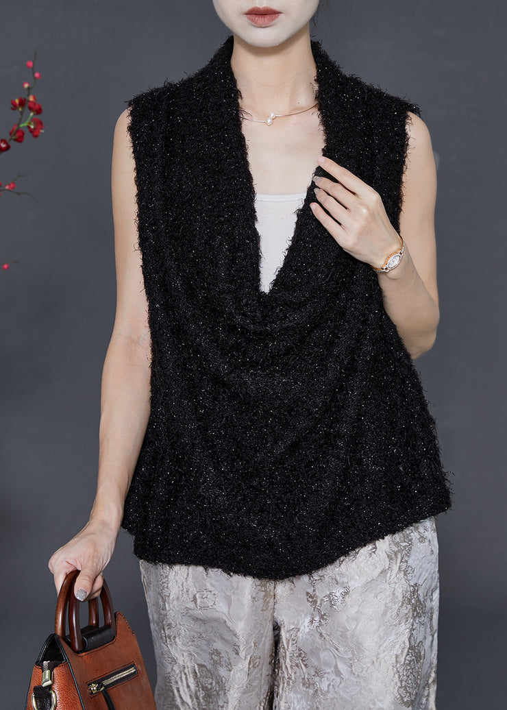 Fashion Black V Neck Warm Fuzzy Fur Fluffy Vest Spring