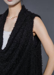 Fashion Black V Neck Warm Fuzzy Fur Fluffy Vest Spring