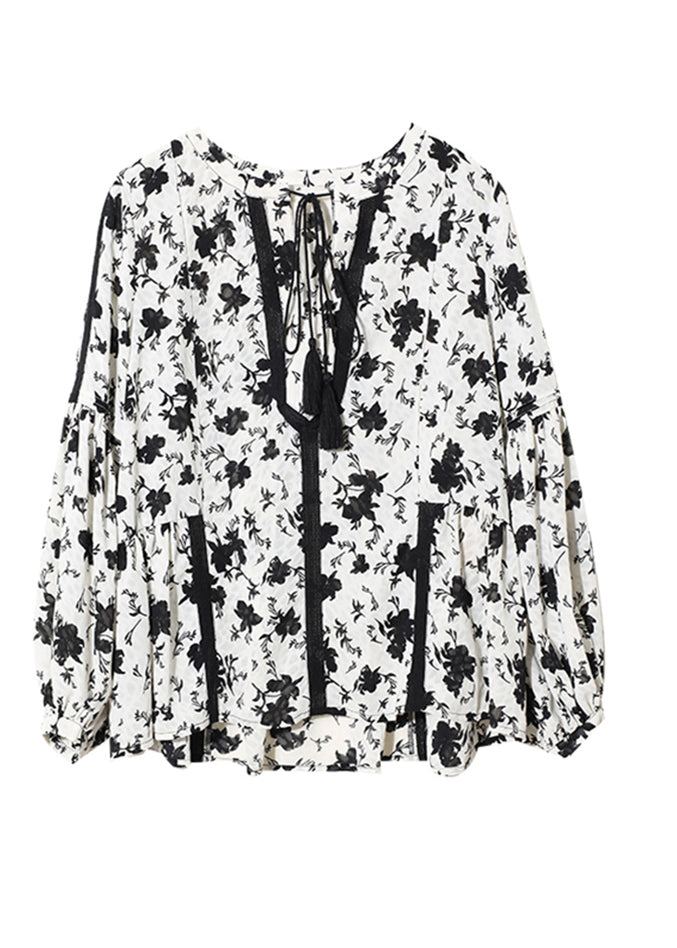 Fashion Black White Colour V Neck Print Lace Patchwork Chiffon Shirts Long Sleeve