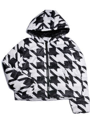 Fashion Black White Plaid Hooded Zippered Duck Down Puffer Jacket Winter