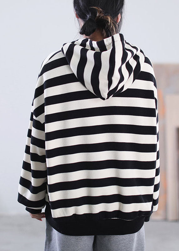 Fashion Black White Striped Hooded Drawstring Cotton Sweatshirts Top Long Sleeve