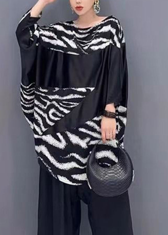 Fashion Black White Striped O-Neck Patchwork Silk Shirt Summer