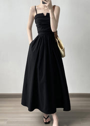 Fashion Black Wrinkled Patchwork Cotton Spaghetti Strap Dress Sleeveless