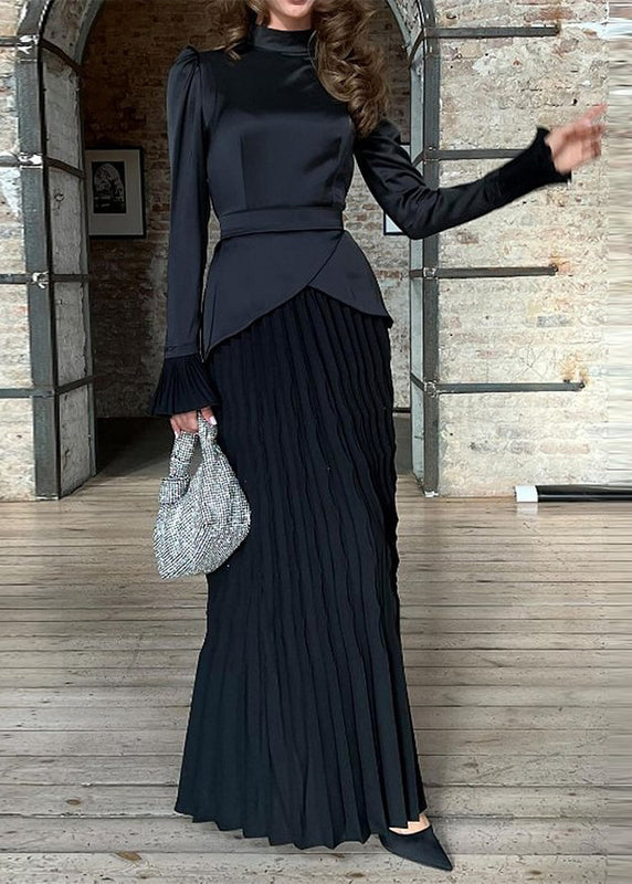 Fashion Black Wrinkled Patchwork Silk Long Dress Spring