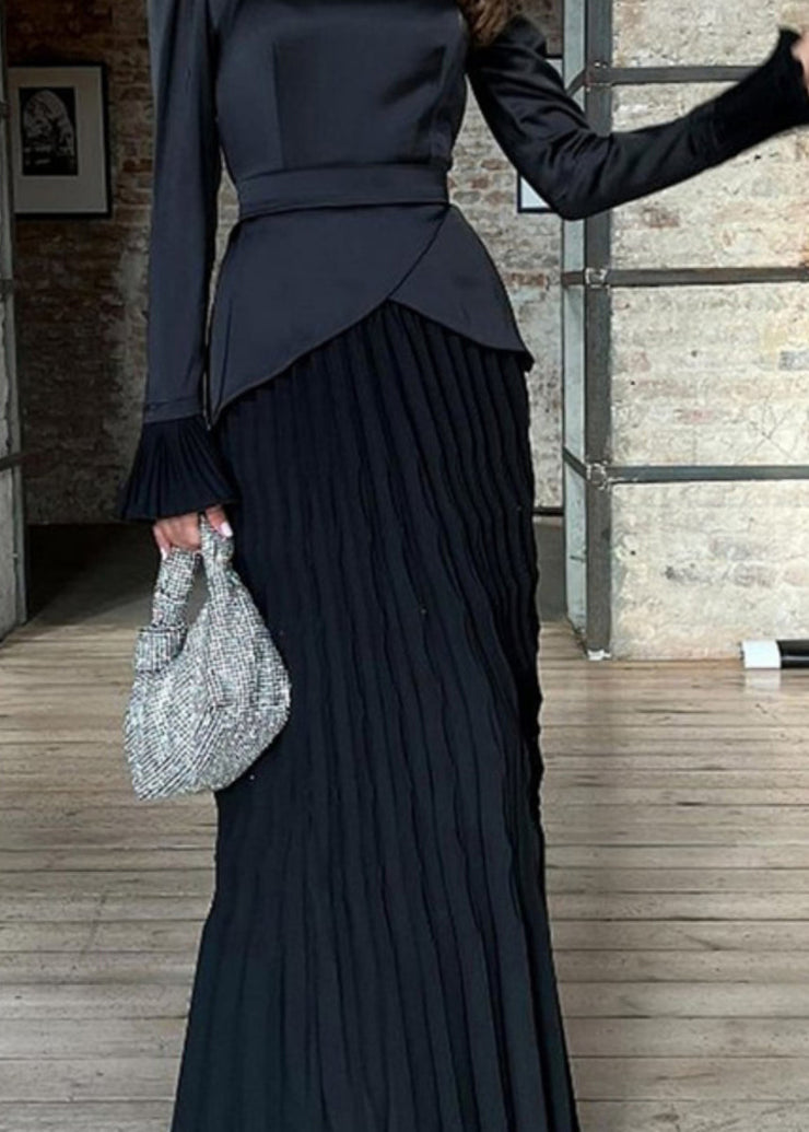 Fashion Black Wrinkled Patchwork Silk Long Dress Spring