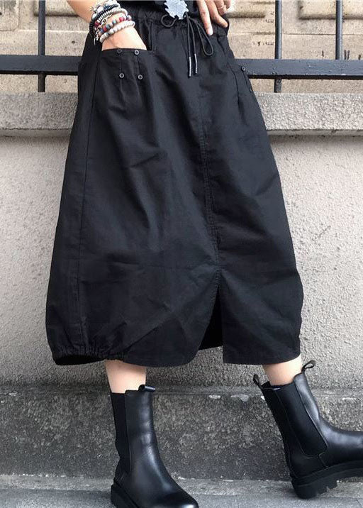 Fashion Black Wrinkled Pockets Elastic Waist Cotton Skirts Spring