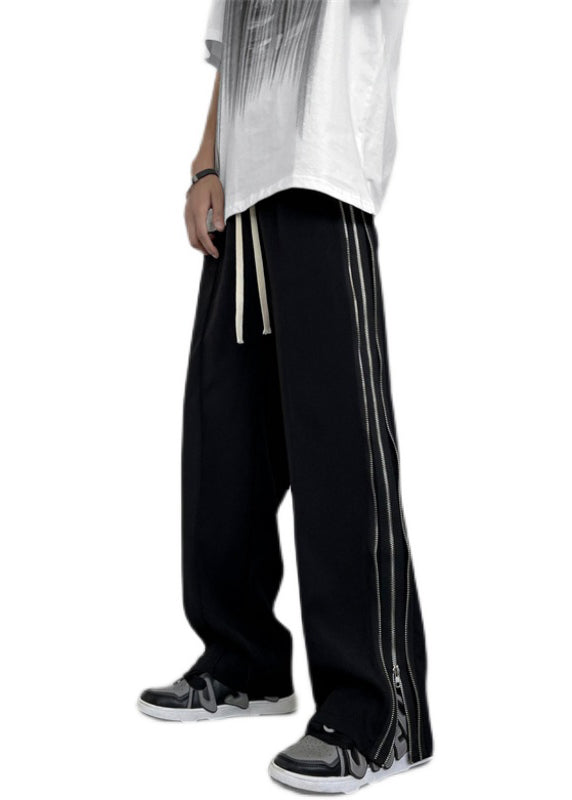 Fashion Black Zip Up Pockets Patchwork Cotton Wide Leg Men Pants Fall