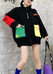 Fashion Black Zip Up Pockets Patchwork Knit Cardigans Spring