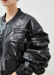 Fashion Black Zip Up Rivet Faux Leather Jackets Spring