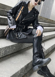 Fashion Black Zip Up Tie Waist Patchwork Faux Leather Coats Fall